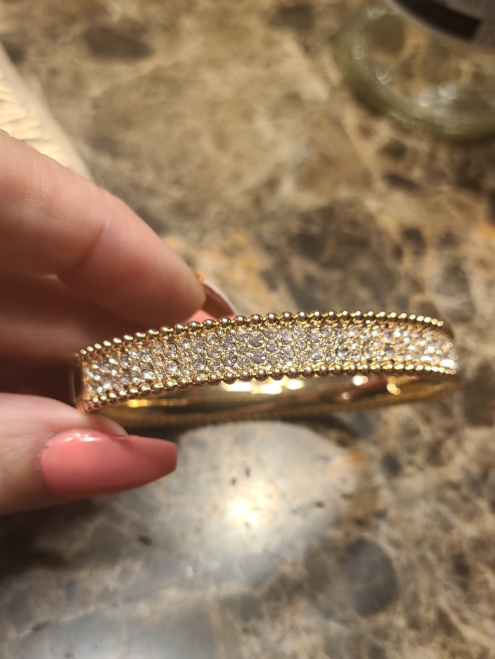 Gold Tone Pave CZ Bangle Hinged Bracelet - Picture 3 of 5